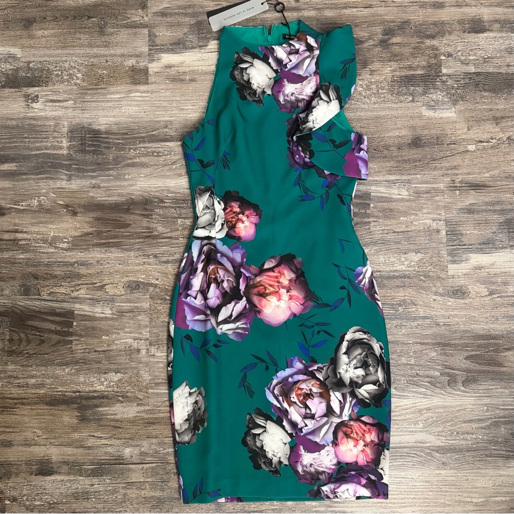 NWT Black Halo Pabla Green Floral Shoulder Ruffle Dress Size 0